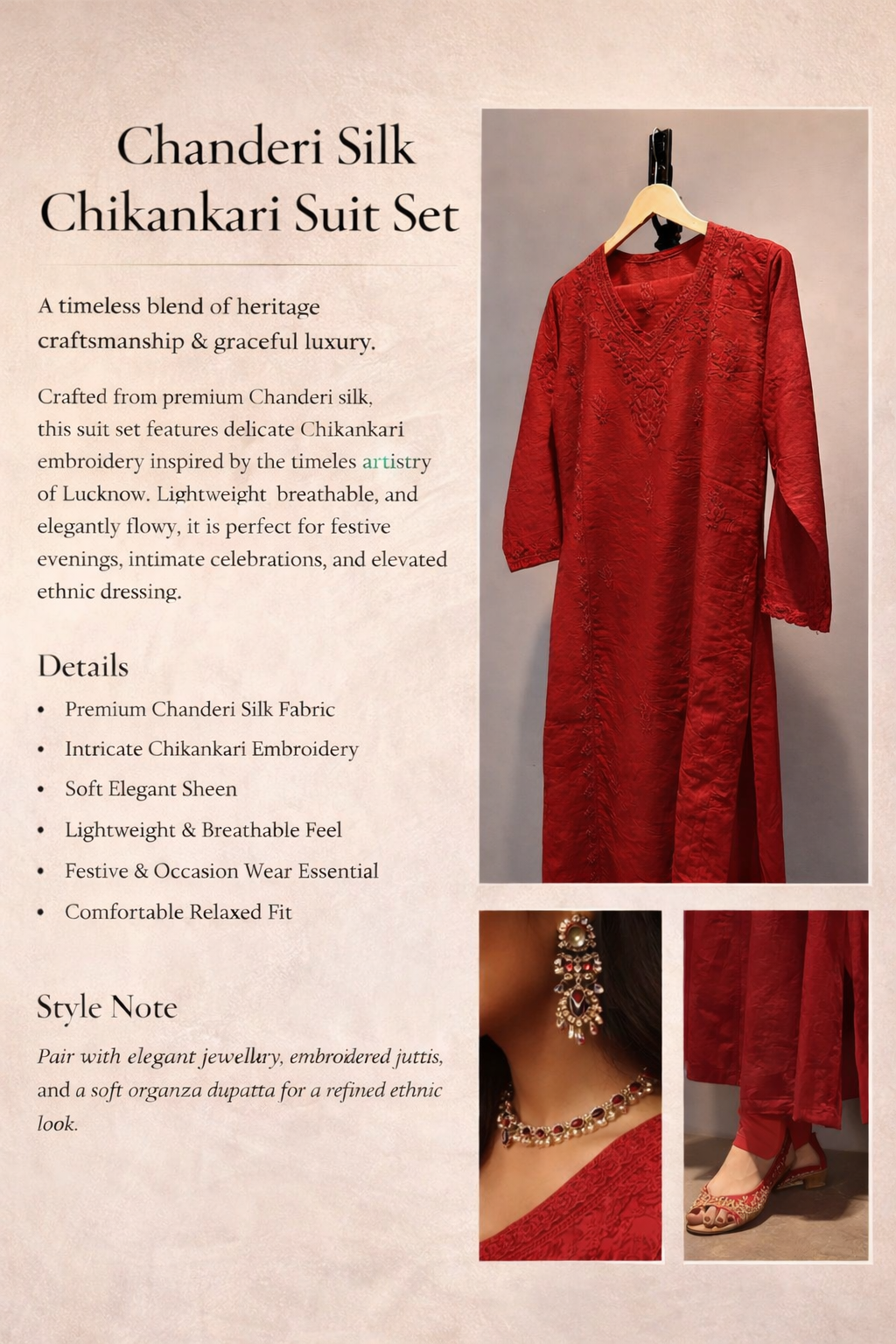 Elegant Chanderi Silk suit set adorned with delicate Chikankari embroidery — lightweight, graceful, and crafted for timeless festive sophistication.