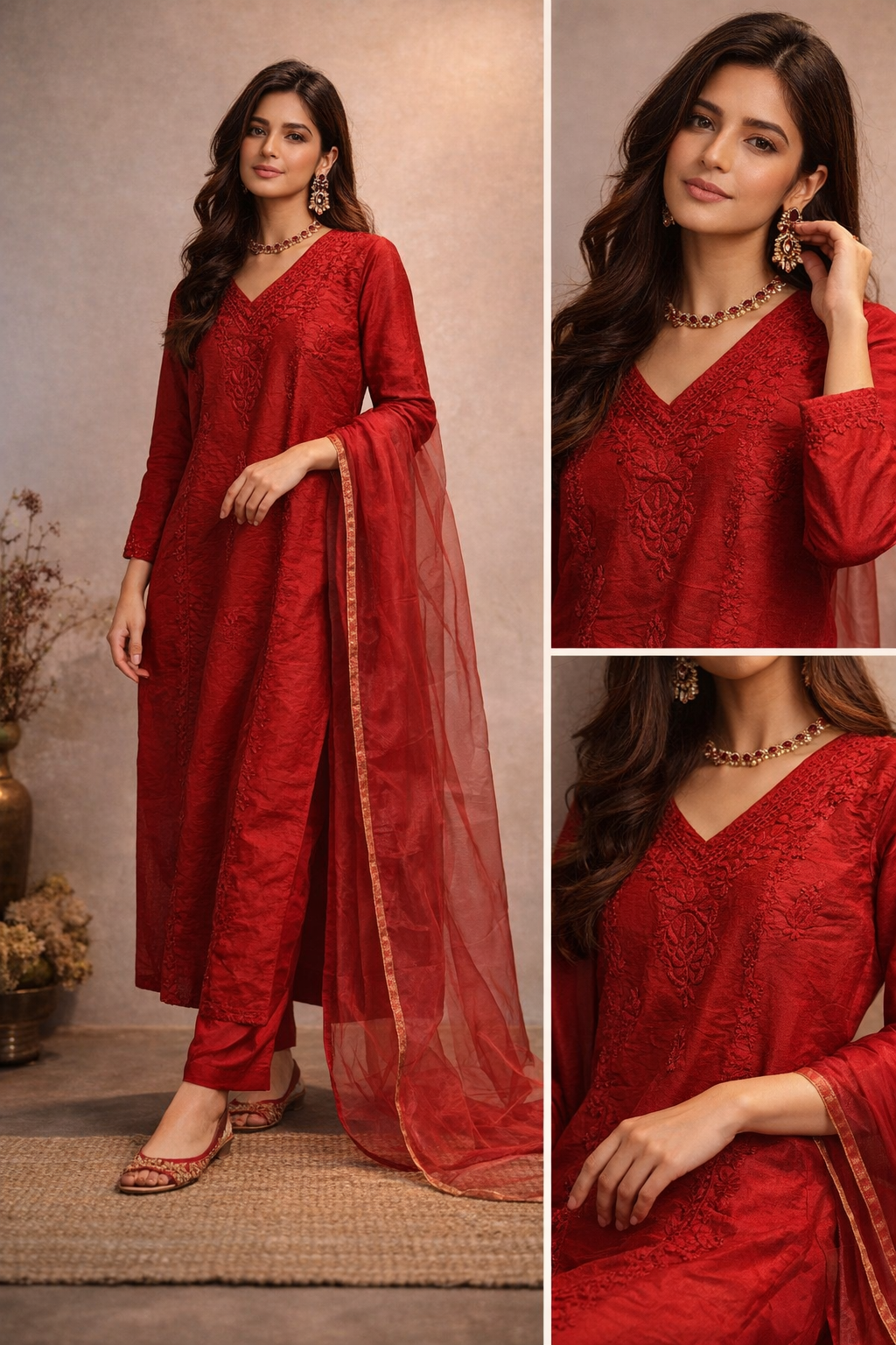 Elegant Chanderi Silk suit set adorned with delicate Chikankari embroidery — lightweight, graceful, and crafted for timeless festive sophistication.