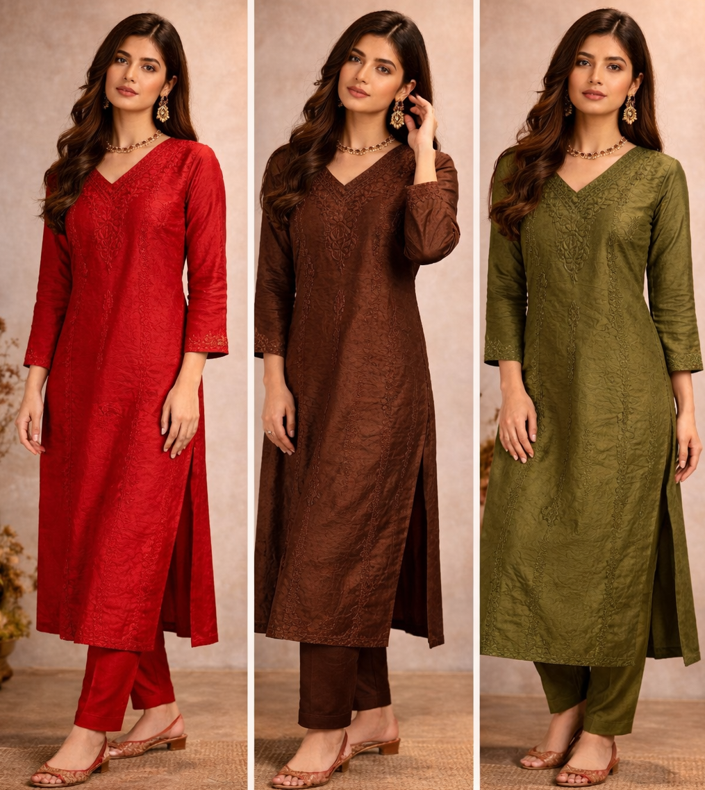 Elegant Chanderi Silk suit set adorned with delicate Chikankari embroidery — lightweight, graceful, and crafted for timeless festive sophistication.