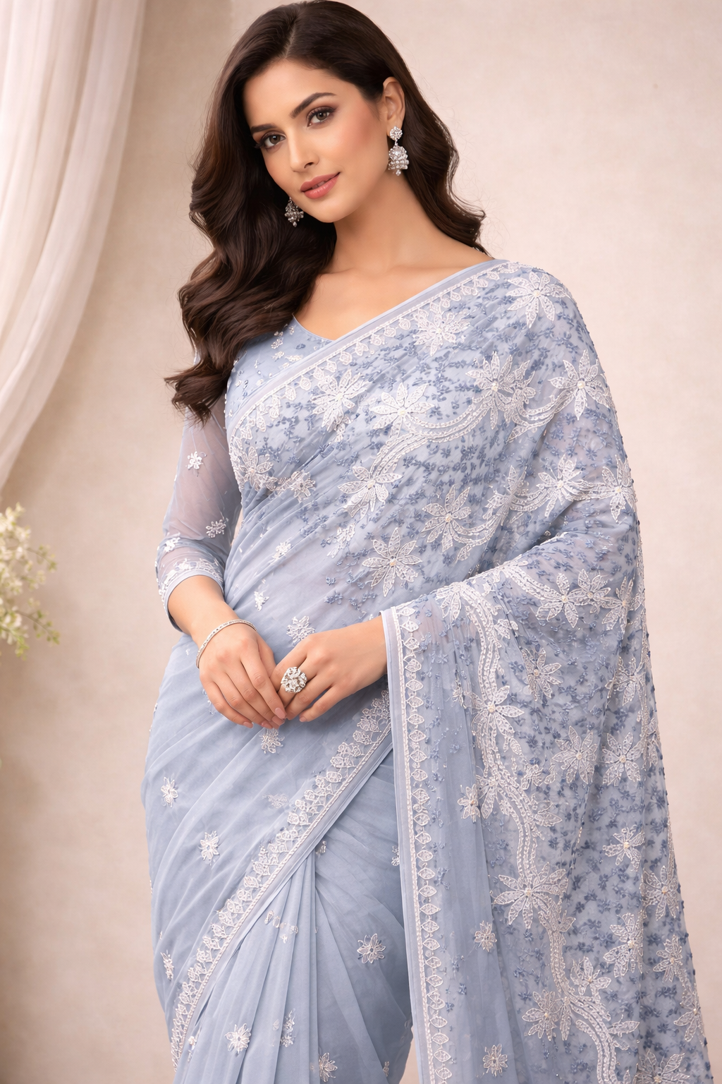 Georgette Hand Embroidered Lucknowi Chikankari Palla Saree