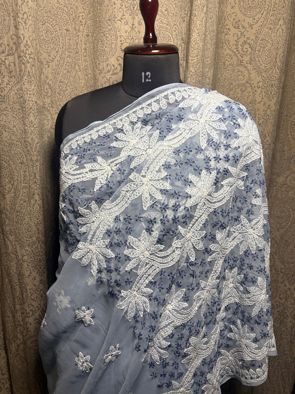 Georgette Hand Embroidered Lucknowi Chikankari Palla Saree