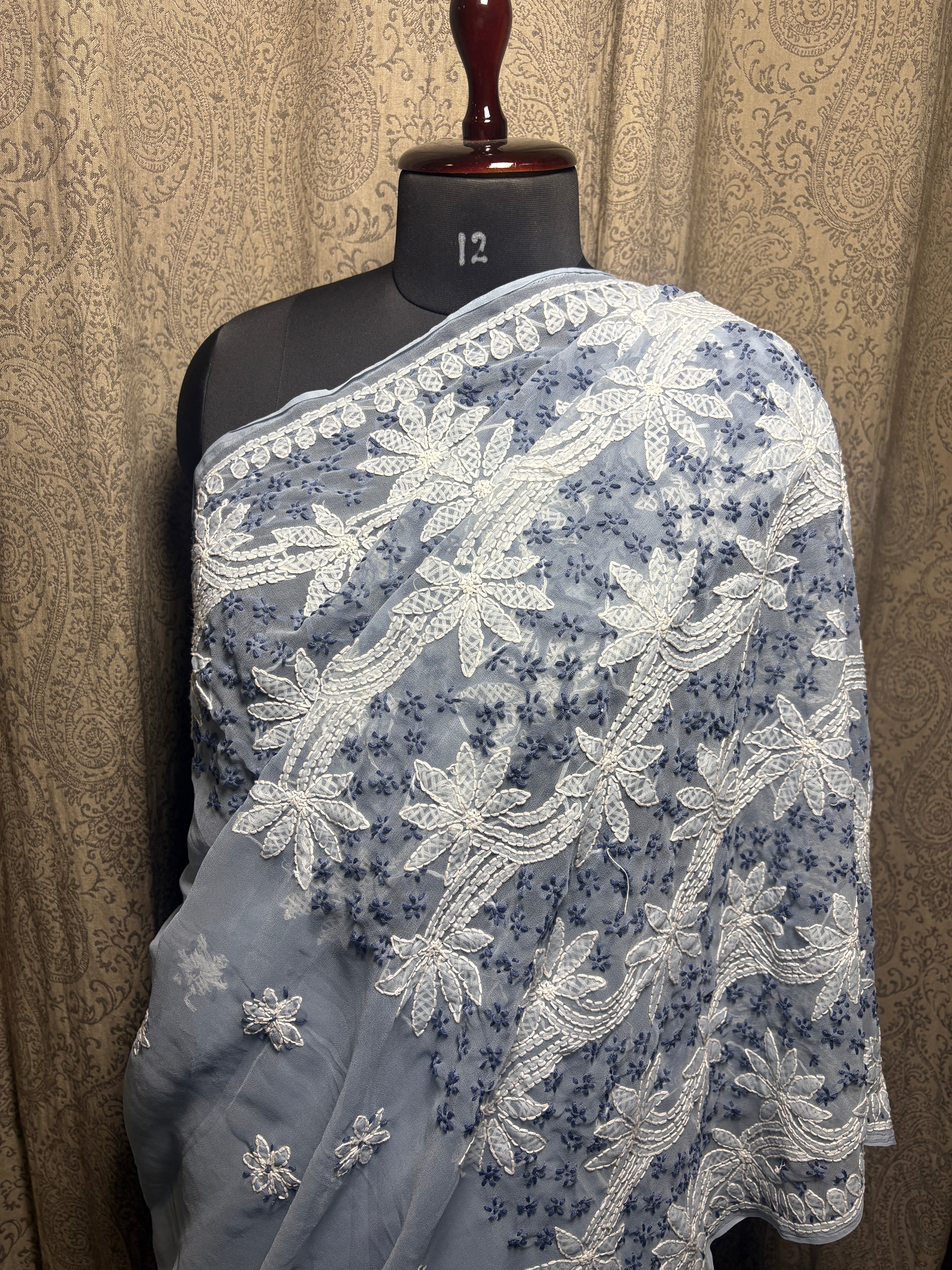 Georgette Hand Embroidered Lucknowi Chikankari Palla Saree