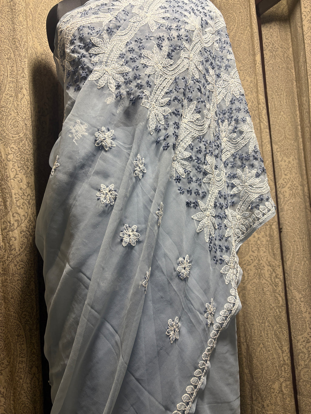 Georgette Hand Embroidered Lucknowi Chikankari Palla Saree