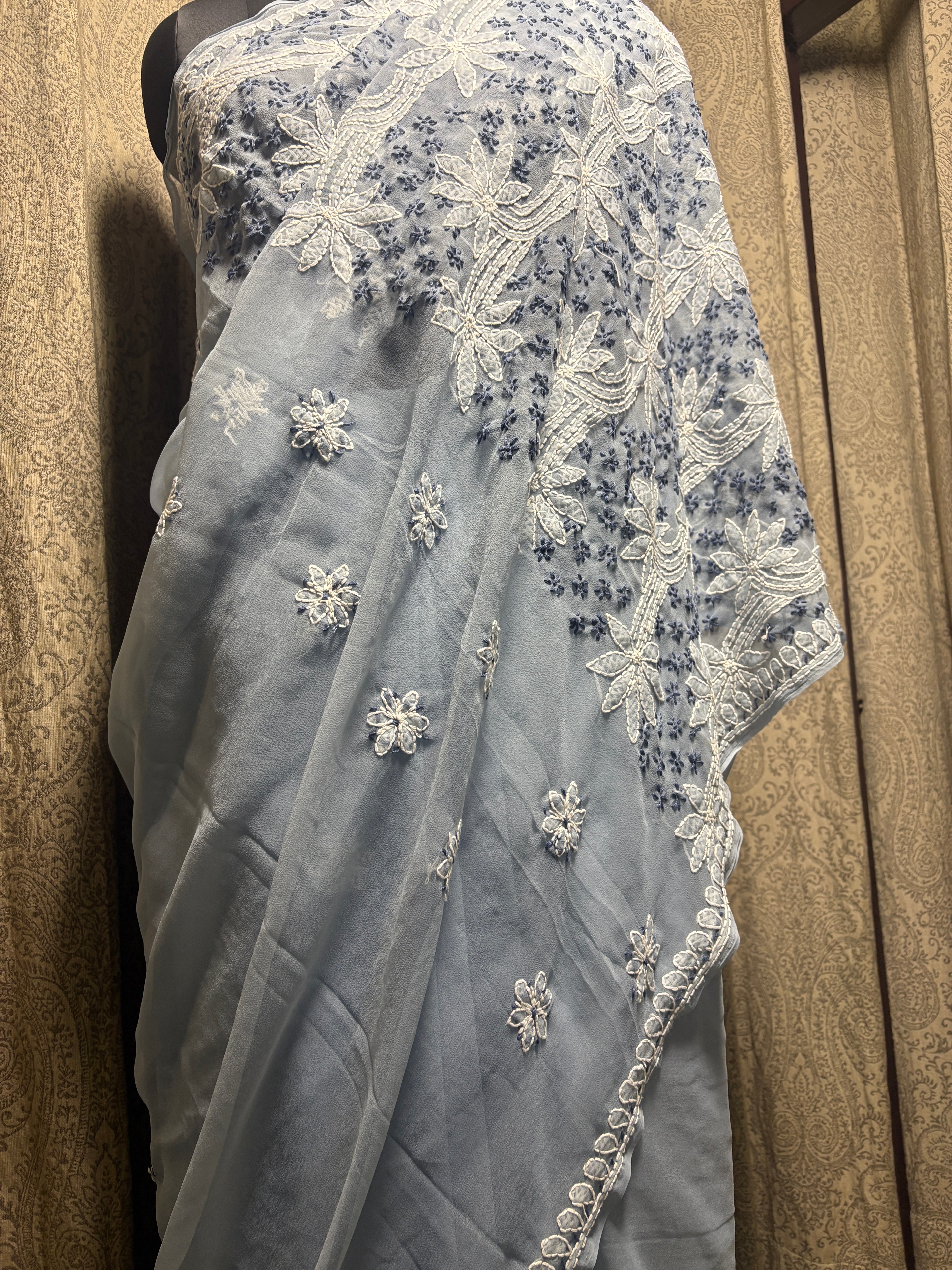 Georgette Hand Embroidered Lucknowi Chikankari Palla Saree