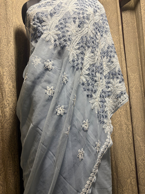 Georgette Hand Embroidered Lucknowi Chikankari Palla Saree