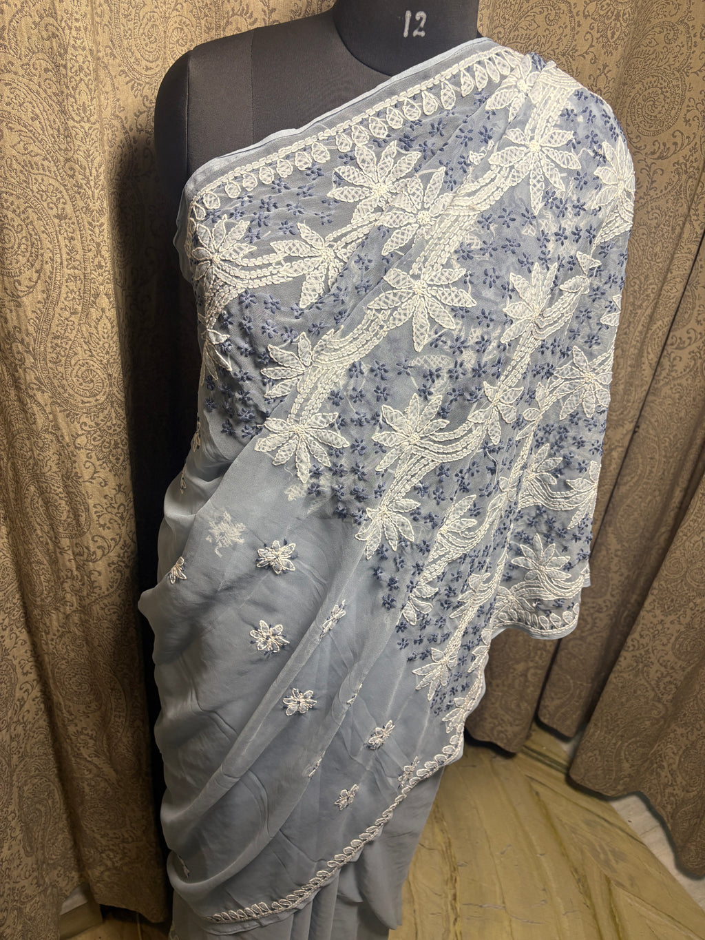 Georgette Hand Embroidered Lucknowi Chikankari Palla Saree