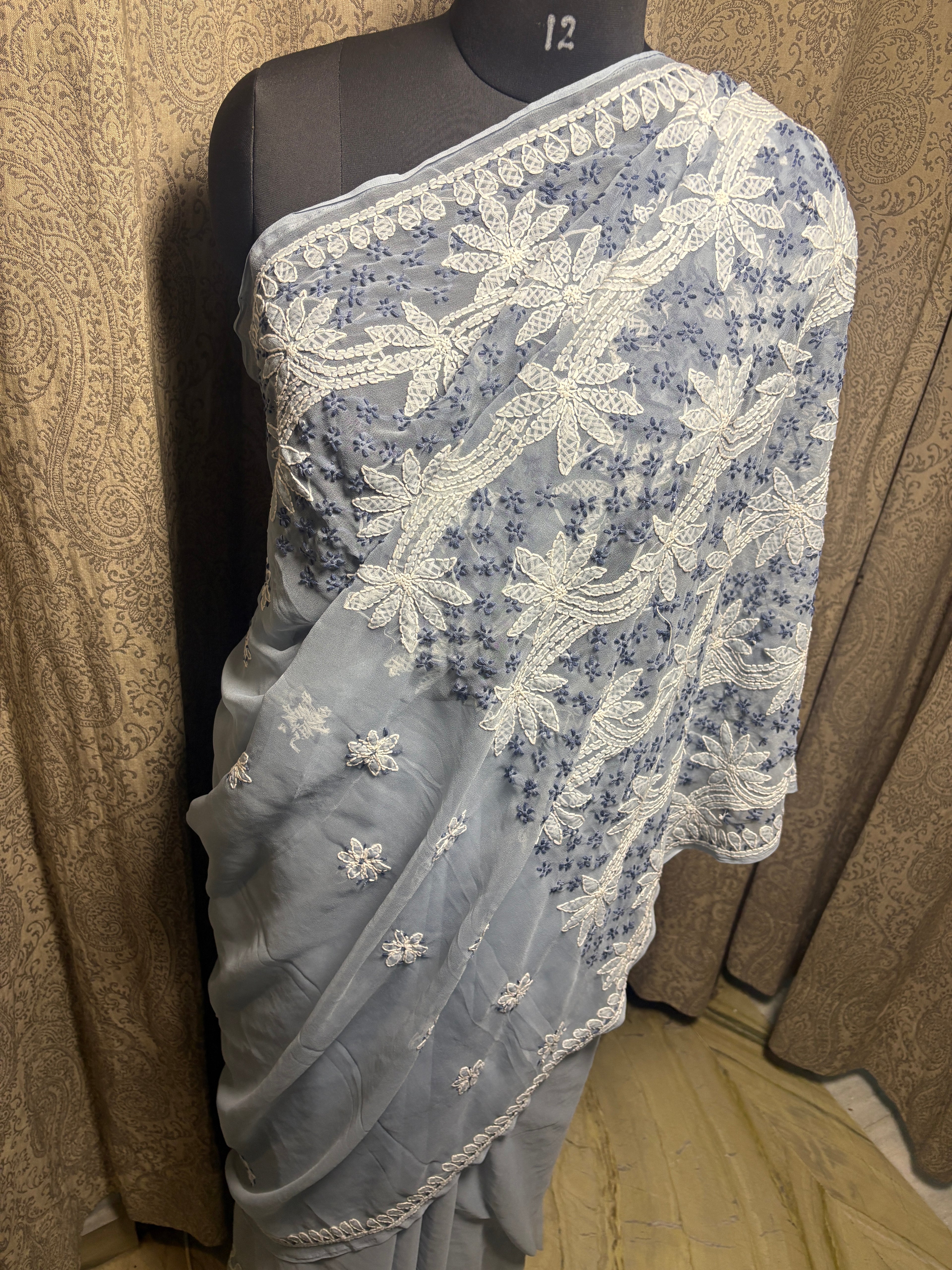 Georgette Hand Embroidered Lucknowi Chikankari Palla Saree
