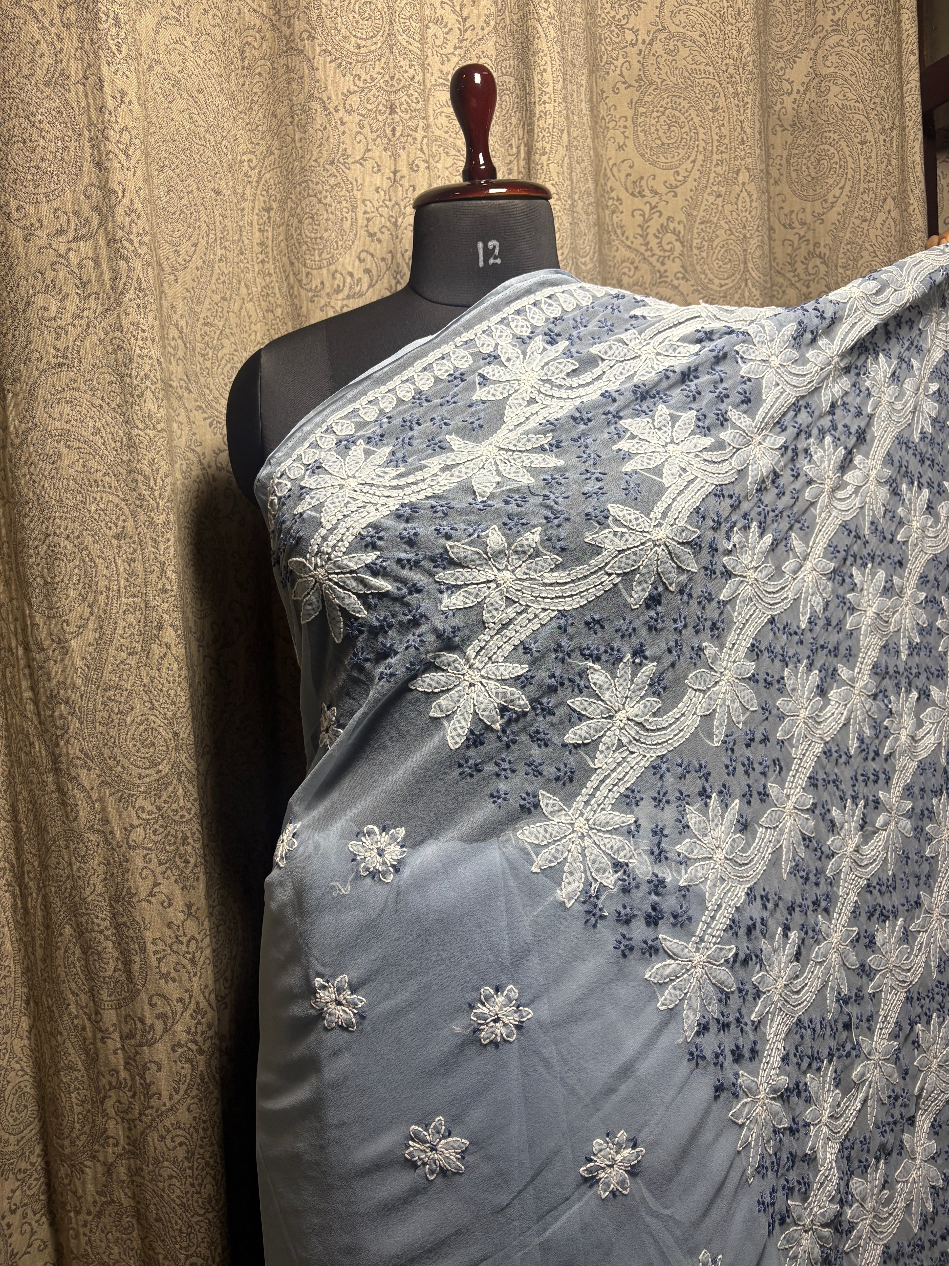 Georgette Hand Embroidered Lucknowi Chikankari Palla Saree
