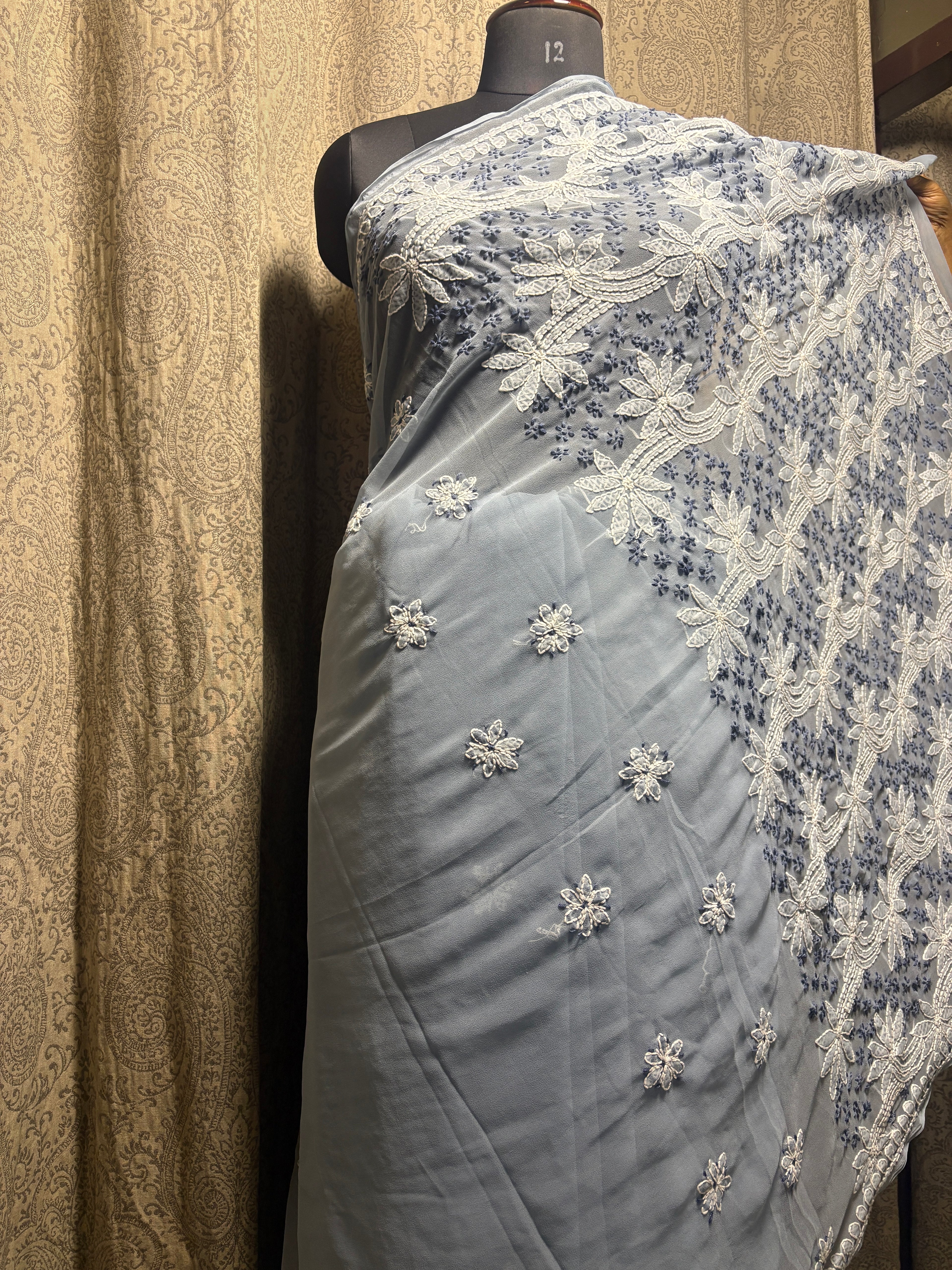 Georgette Hand Embroidered Lucknowi Chikankari Palla Saree