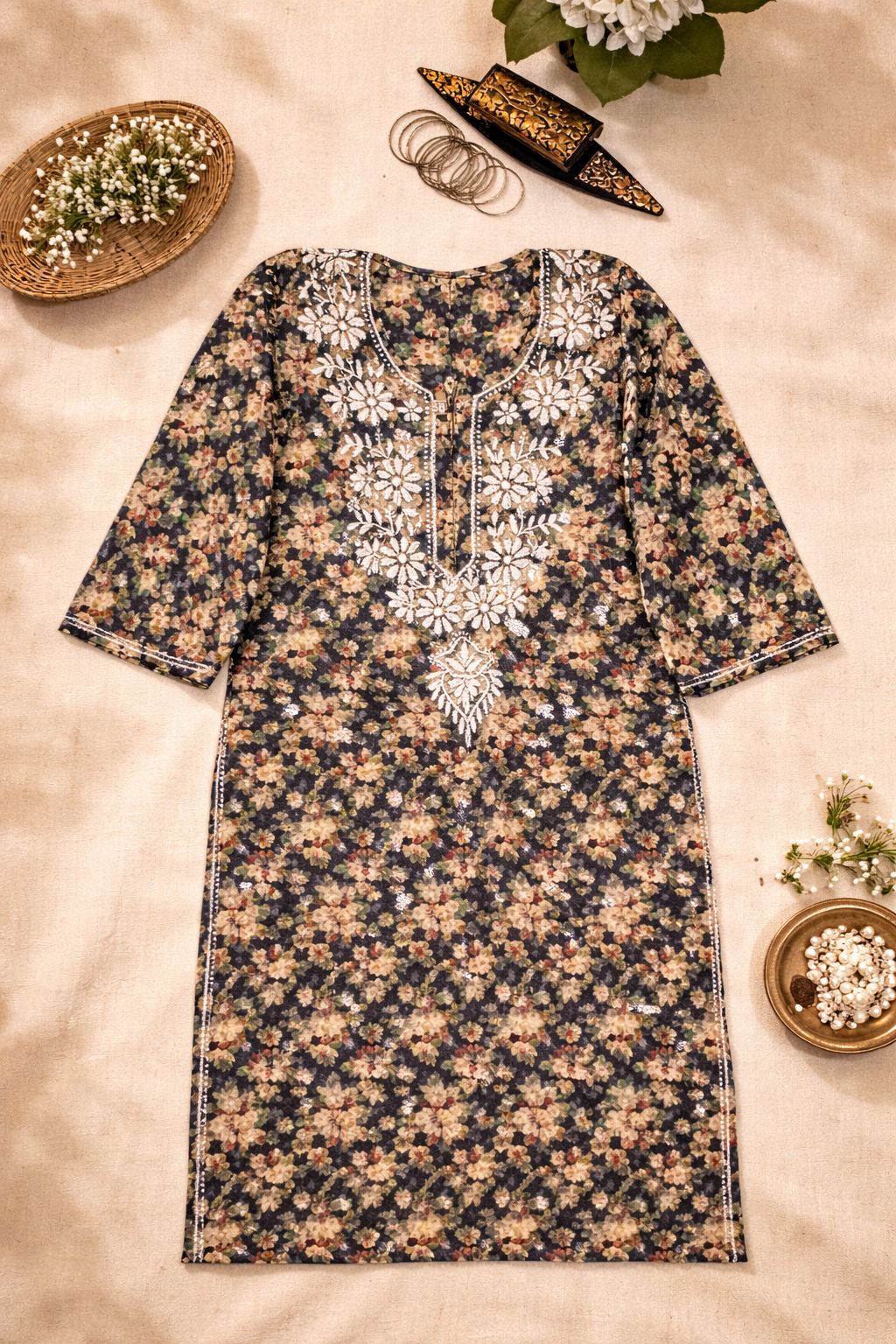 Mulmul Long Length Chikankari Kurti, crafted in super fine mulmul cotton fabric